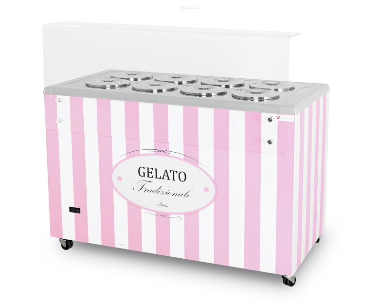 Dystrybutor do lodów | witryna do lodów | konserwator | retro | 8 tub | okrągłe kuwety | 1283x670x895 mm | GELATO POZETTI 8 PINK GELATO POZETTI 8 PINK