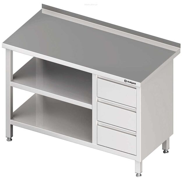 Stół przyścienny z blokiem trzech szuflad (P),i 2-ma półkami 1200x700x850 mm 980417120