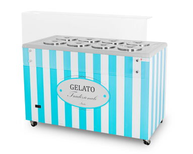 Dystrybutor do lodów | witryna do lodów | konserwator | retro | 8 tub | okrągłe kuwety | 1283x670x895 mm | GELATO POZETTI 8 BLUE GELATO POZETTI 8 BLUE