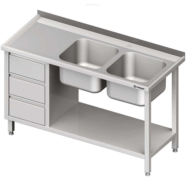 Stół ze zlewem 2-kom.(P), z blokiem trzech szuflad i półką 1700x700x850 mm 981097170